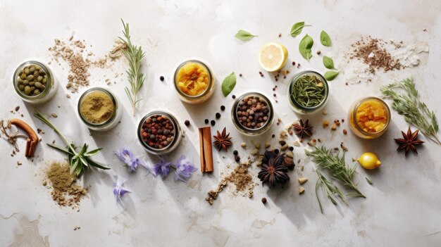 Various spices herbs and vegetables on white wooden background top view