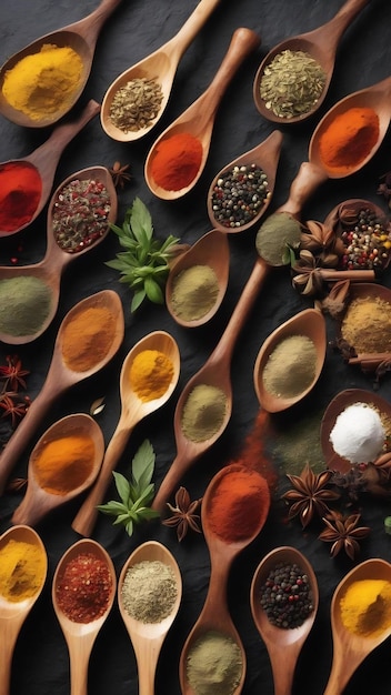 Various of spices and herbs in wooden spoons on dark stone