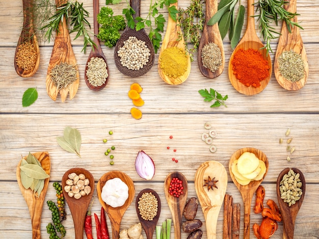 Various of spices and herbs in wooden spoons on the wooden background.