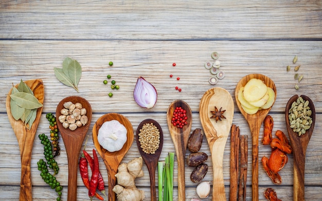 Various of spices and herbs in wooden spoons. 