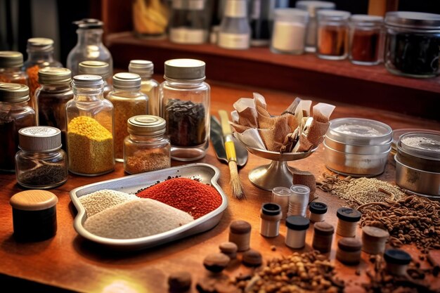 various spices including spices, including one that has a red cap.