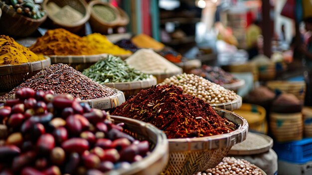 Photo various spices and nuts in wicker baskets at a market