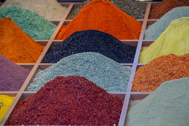 Various spices for sale in the market. Egyptian spice market in Istanbul, Turkey. Close up