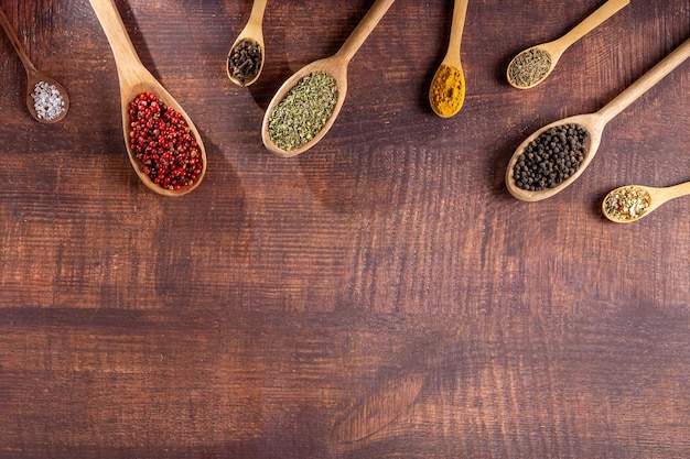 Various spices and seasonings in wooden spoons