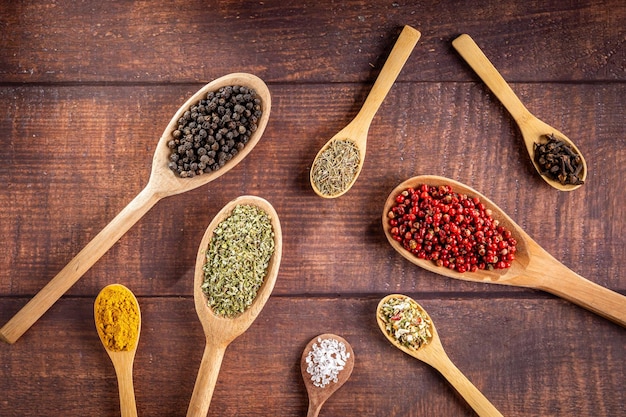 Various spices and seasonings in wooden spoons