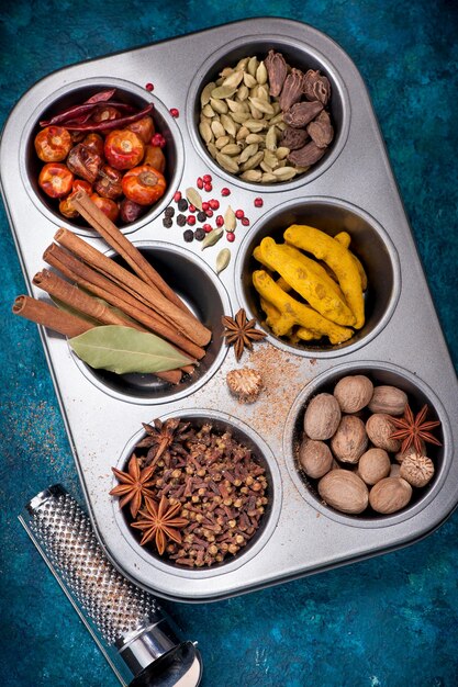 Various spices and spicy top view