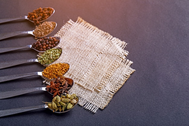 Various spices in  spoons on white background