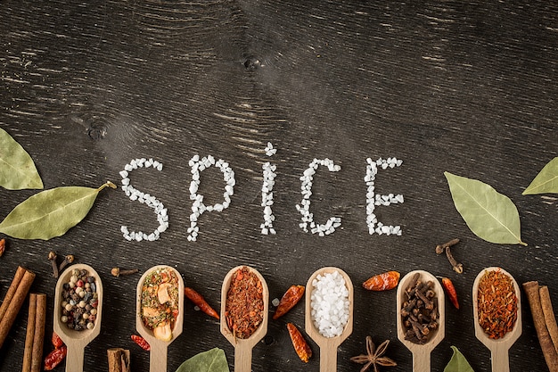 Various spices in wooden spoons  on dark  table