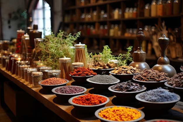 Various spices on the wooden table in a shop Generative AI