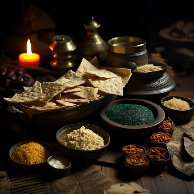 Various spicy and savory snacks are placed on a banana Indian Food