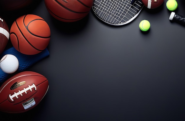 Various sports equipment laid out on dark background top view place for text