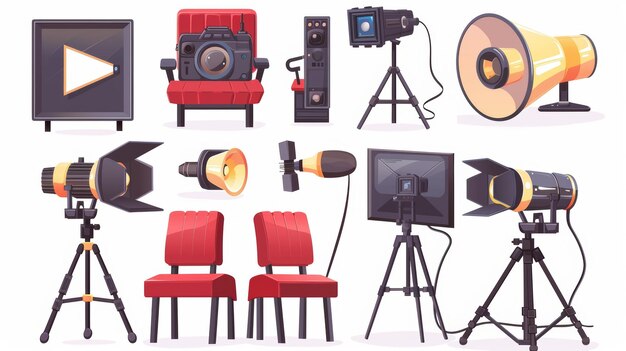 Photo various stage equipment for song or dance contests isolated on white background modern cartoon illustration with jury chairs microphone video camera loudspeakers and floodlight lamps