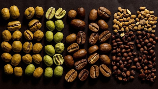 Various stages of coffee beans during the roasting process AI generated