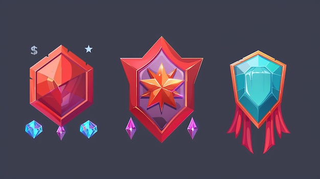 Various stages of decoration evolution for game level rank Cartoon modern illustration set of red trophy medal or emblem with gemstones and drapery progress