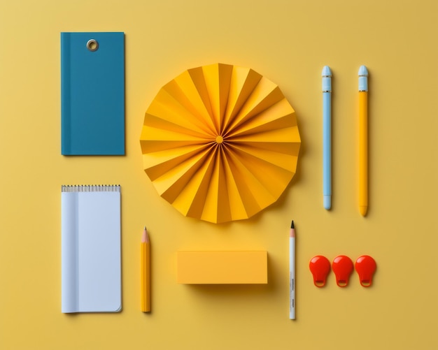 various stationery items arranged on a yellow background