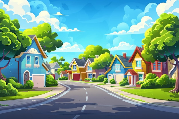 Various suburban homes suburban street with residential cottages country two storey buildings with garages Green trees in front of yards Cartoon modern illustration