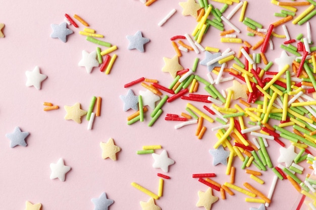 Various sugar sprinkles, Food background with copy space. Overhead view. Easter holiday. Birthday celebration.