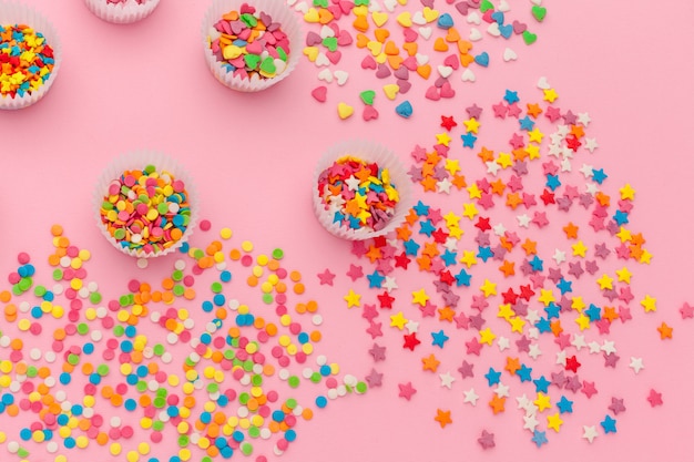 Photo various sugar sprinkles, food with copy space