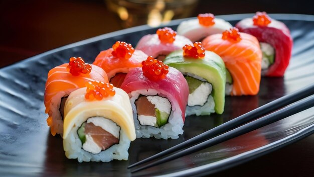 Various sushi rolls decorated with red caviar and chopsticks