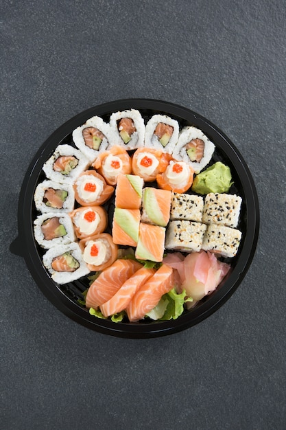 Various sushi rolls in platter