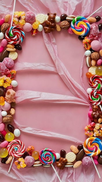 ピンクの背景にフレームを形成する様々な甘いキャンディー