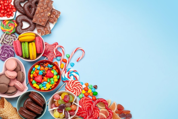 various sweets assortment candy bonbon macaroons