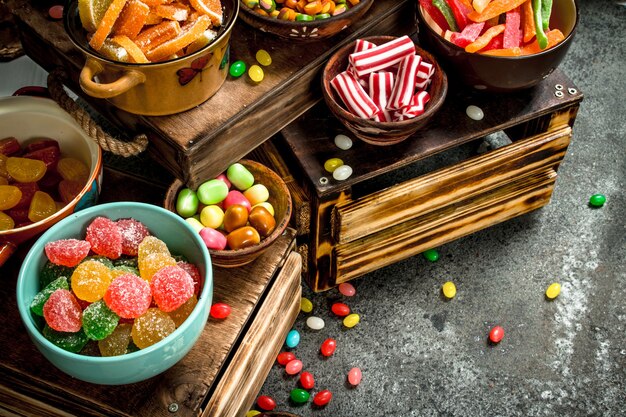 Various sweets, candies, jelly, marshmallows and candied fruits.