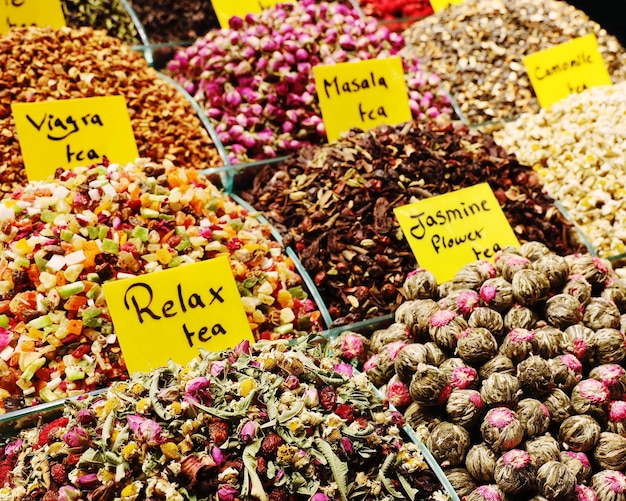 Various tea for sale at market stall