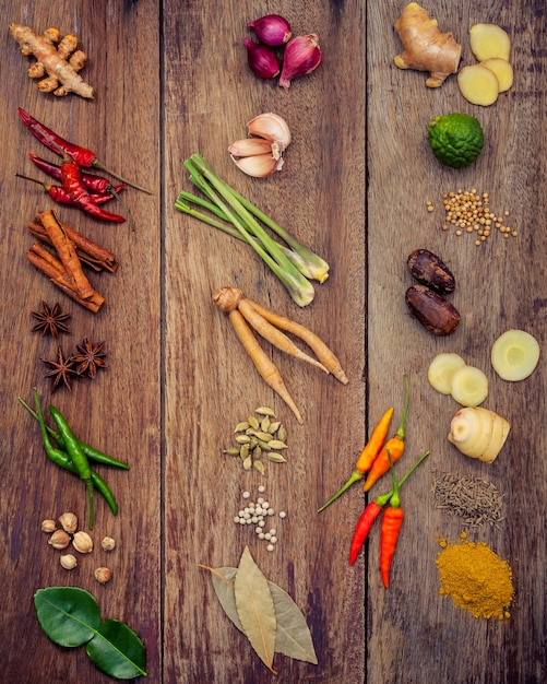 Various of thai food cooking ingredients and spice on rustic wooden background.