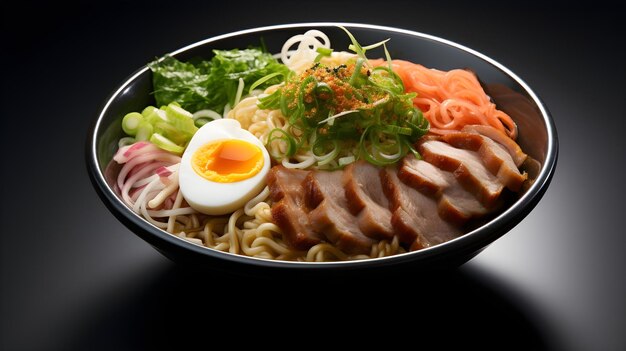 Foto diversi condimenti in una ciotola di ramen come fette di maiale cipolle verdi nori e altro ancora