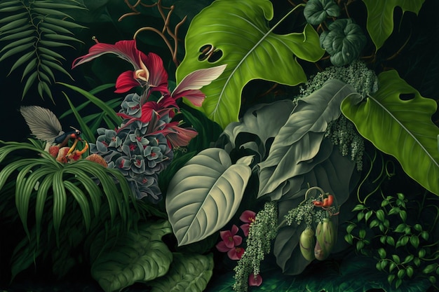 Various tropical leaves and birds exotic wallpaper design