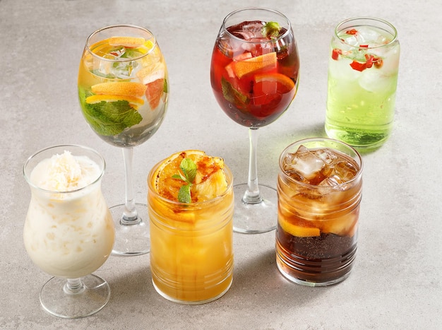 Various type of cocktails with ice and mint