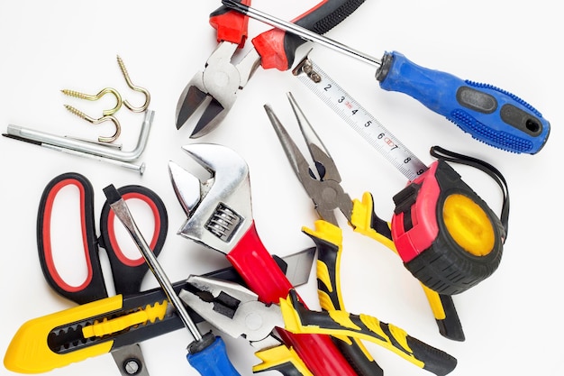 Various type of tools on white background