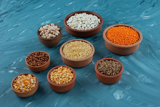 Vari tipi di fagioli, cereali, semi e lenticchie posti in ciotole.