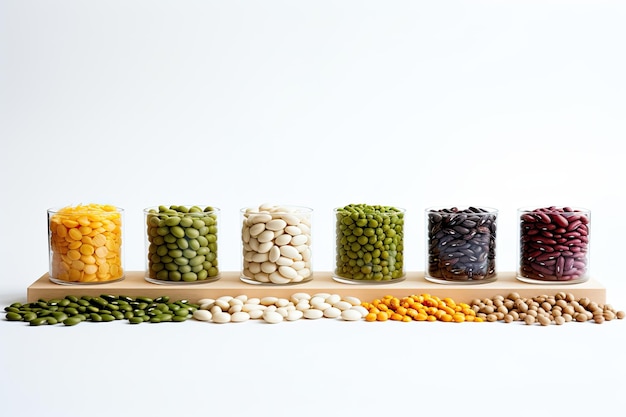 Various types of beans in glass containers on a white background