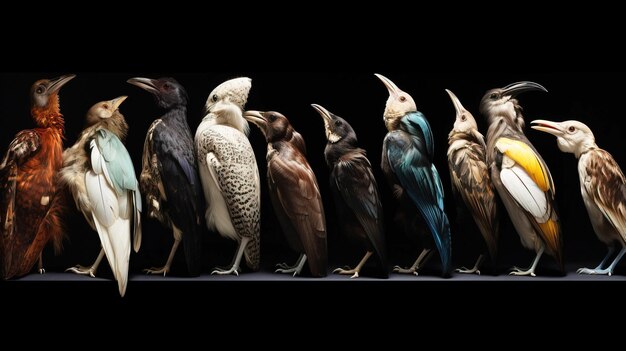 Various types of birds sit in a row on a branch black background isolate AI generated