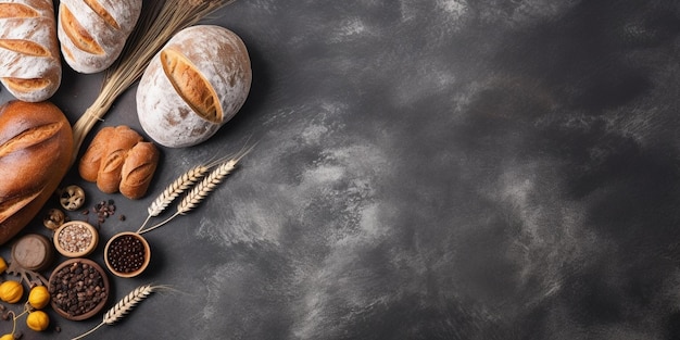 Various types of bread on stone table Top view flat lay with copy space Generative AI