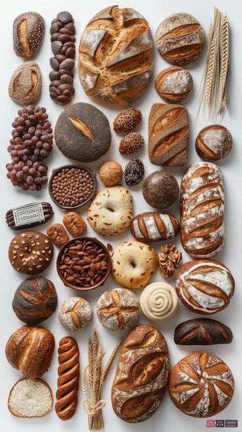 Foto diversi tipi di pane e grano su uno sfondo bianco