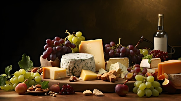 Various types of cheese and grapes on a neutral backdrop