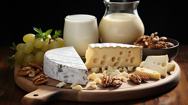 various types of cheese and other products on a wooden table