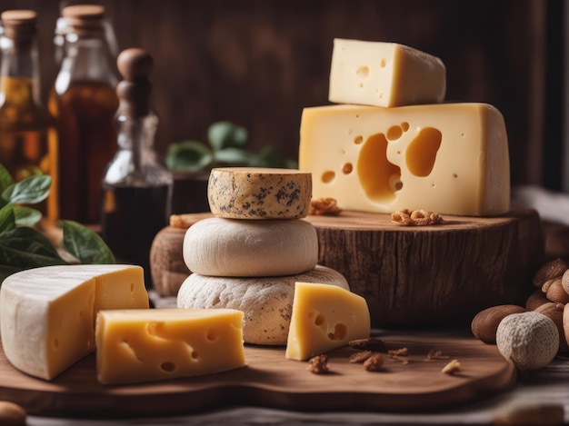 various types of cheese on rustic wooden table