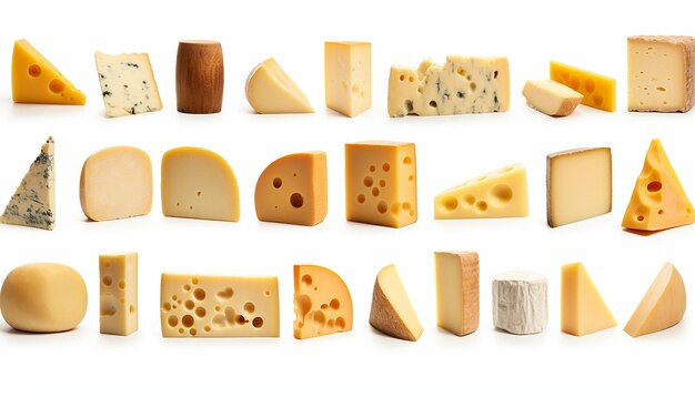 AIによって生成された白い背景の様々な種類のチーズ