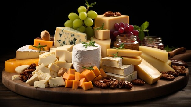 Various types of cheese with grapes and nuts on wooden cutting boardgenerative ai