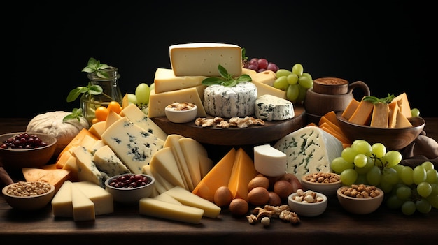 Various types of cheese with grapes and nuts on wooden cutting boardgenerative ai