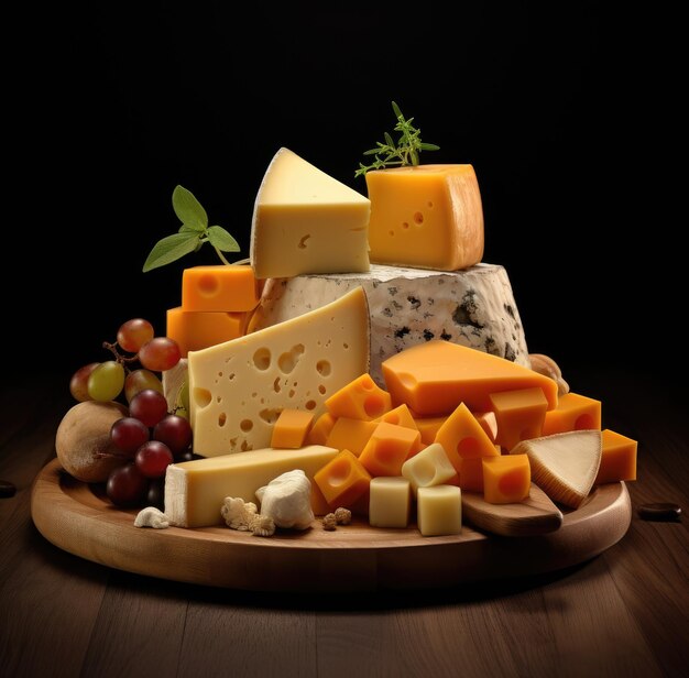 Various types of cheese on a wooden board on the table