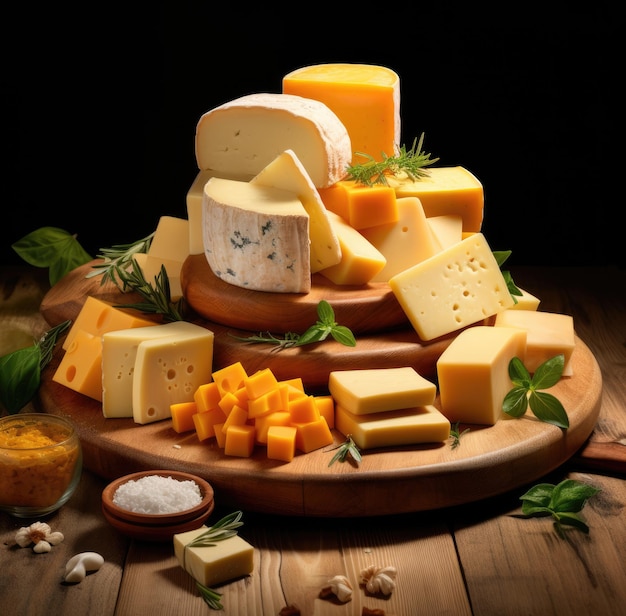 Various types of cheese on a wooden board on the table