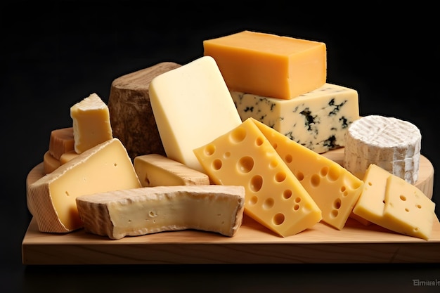 Various types of cheese on a wooden board