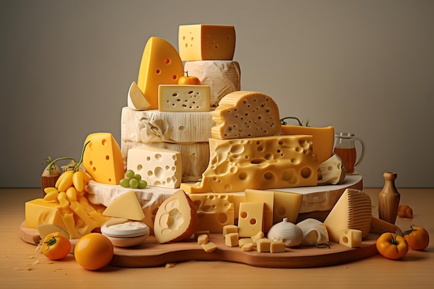 Various types of cheese on a wooden board