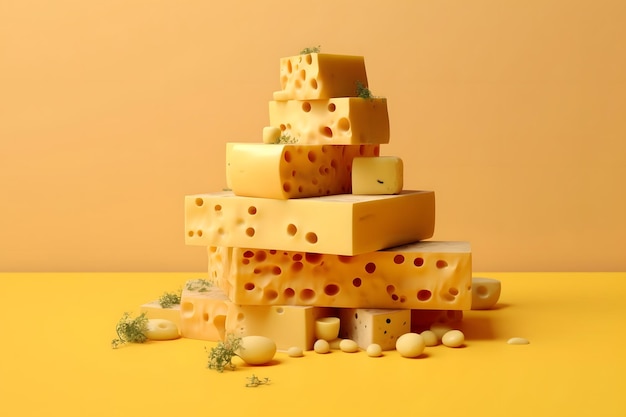 Various types of cheese on yellow background