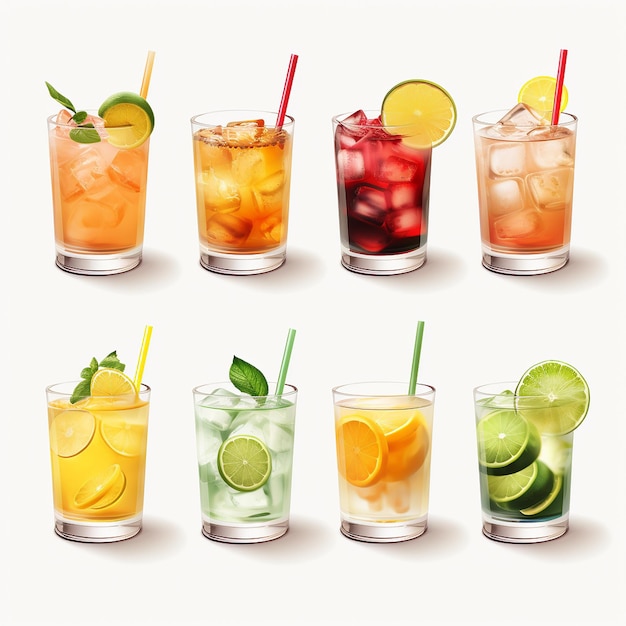 various types of cocktails on a white background